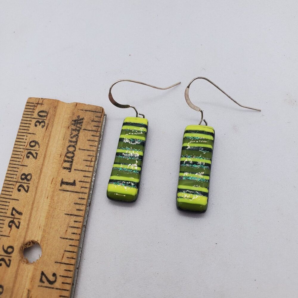 Sterling Silver and Dichroic Glass Green Earrings 925